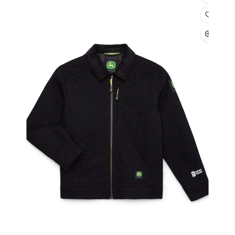 John Deere Work Jacket Black Quilted Lined Corduroy Collar Canvas Sz XL (14-16)